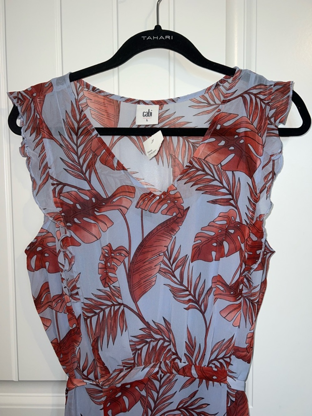 NWT! CAbi Isabel V-Neck Mini Dress in Light Blue with Coral Leaf Print Size L - Picture 13 of 16